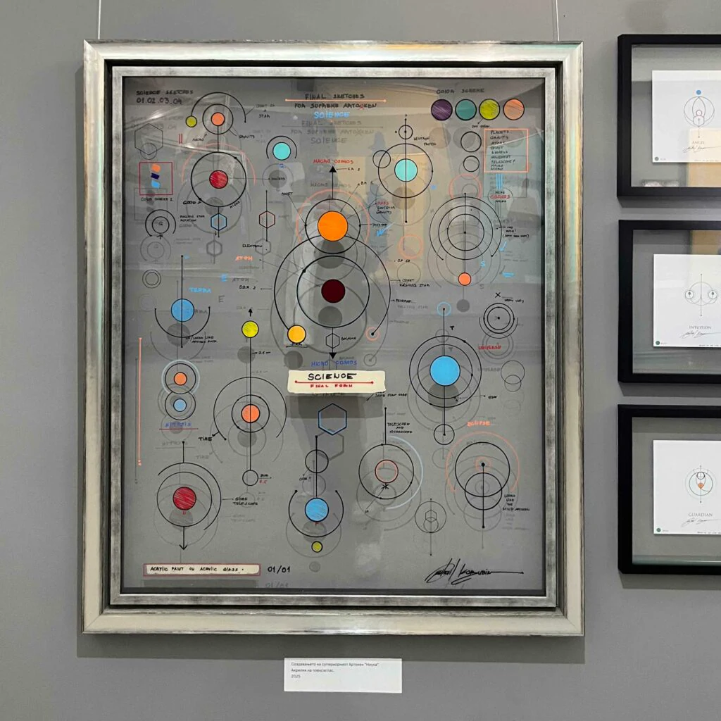 Framed Artokens Genesis artwork with geometric symbols and construction sketches